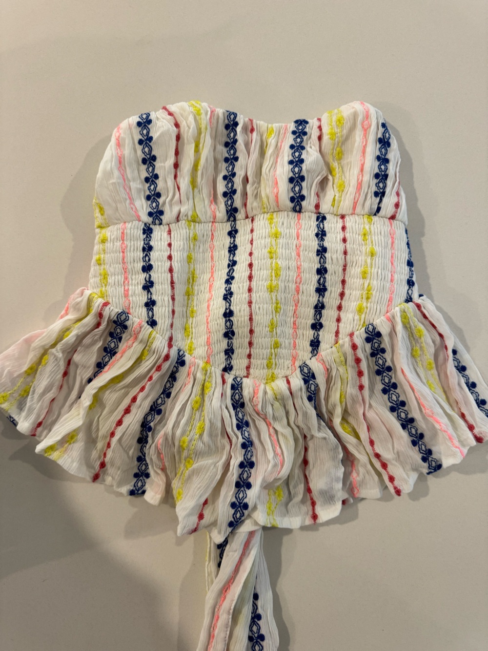 Style & Co. White Smocked Top with Navy, Pink & Yellow Stripes